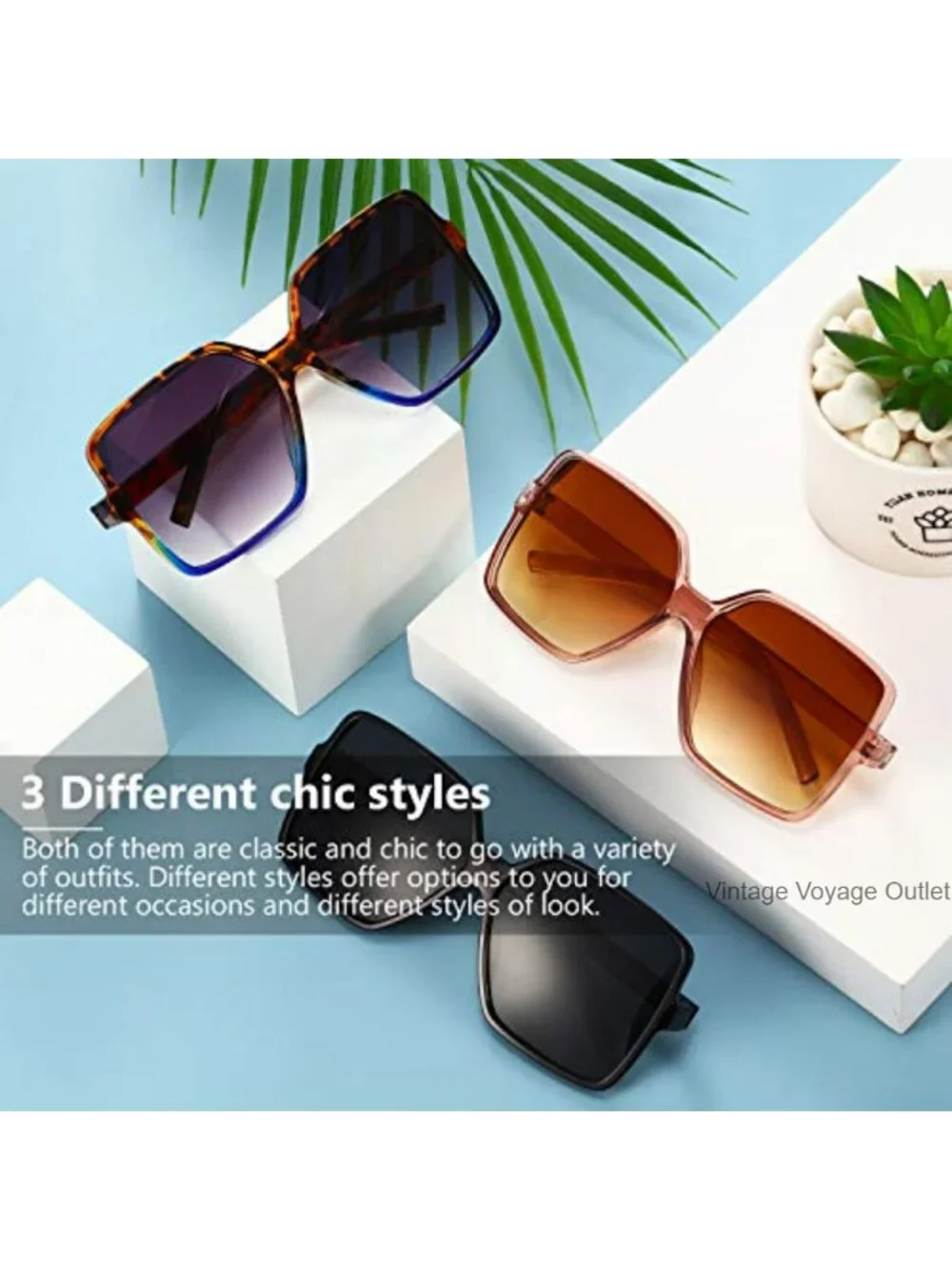 3 Pack Vintage Oversized Square Sunglasses UV Protection